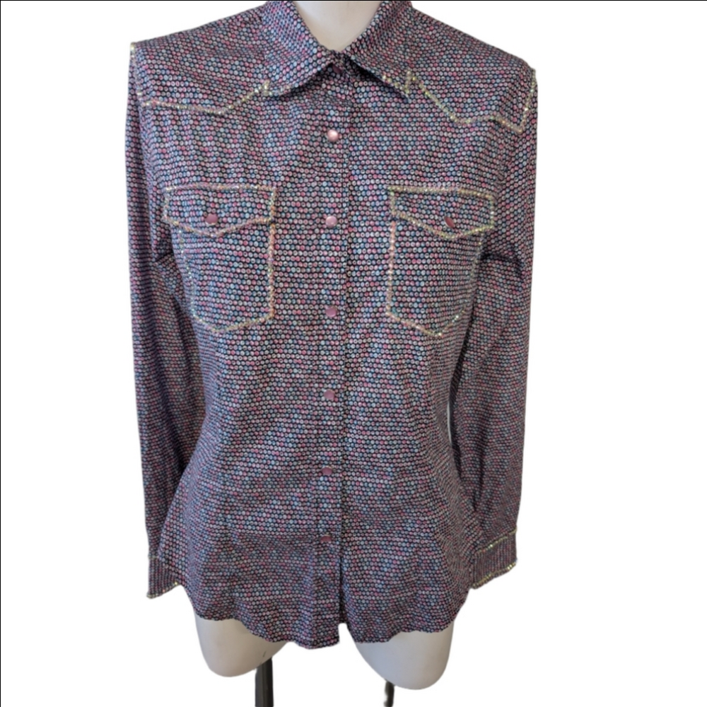 Western Snap Button Up Blouse Coast Cowgirl Emblished With Sequin Long Sleeve